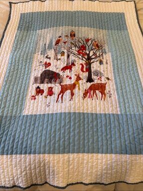 Handmade Blue & White Woodland Animals Quilted/made from a panel, whimsical